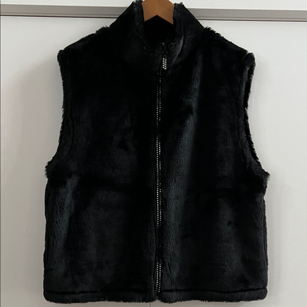 Black Faux Fur Vest With Rhinestone Zipper